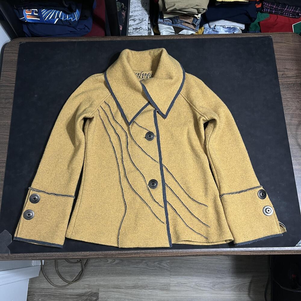 Icelandic Design Wool Jacket Coat Womens Medium Yellow Embroidered Button Cuffs